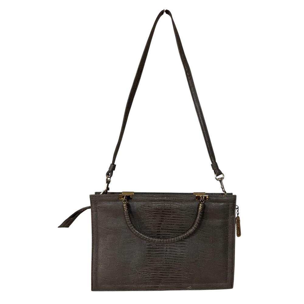 Vtg Caprice Gray Lizard Leather Double Top Handle Shoulder Bag Shopper Case Med